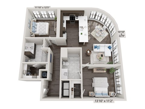 Floor plan for 2 beds, 2 baths, 1229 sqft